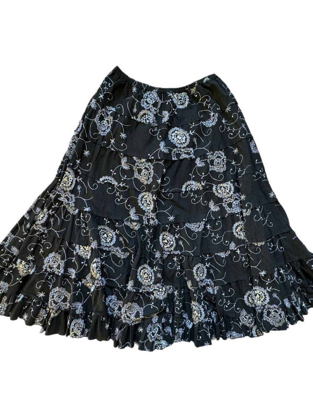 Etc.! Y2k Bohemian 100% Cotton Skirt with White Floral Paisley Embroidery Sequin